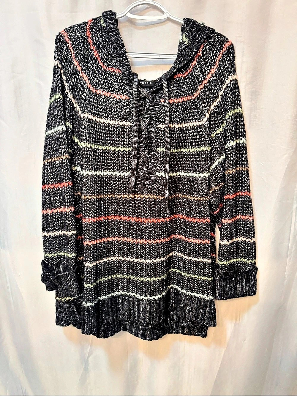 Torrid Size 2 Multicolor Striped Hooded Lace-Up Chunky Knit Sweater